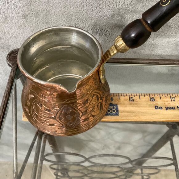 Vintage Copper+? Turkish coffee Cezve mother of pearl inlay wood handle - Picture 10 of 12